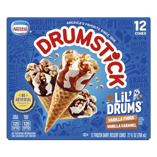 Drumstick Lil Drums Vanilla Fudge Swirl and Vanilla Swirl Sundae Cones Ice cream, caramel, 27 Fl Oz, 12 count (pack of 1)
