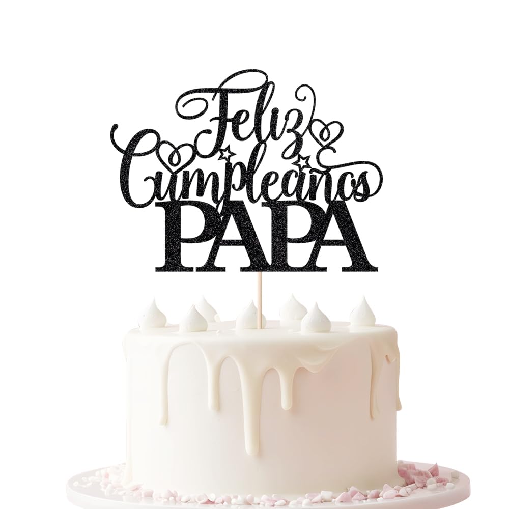 Keoysek Feliz Cumpleanos Papa Cake Topper for Father's Day Party Decor, black Glitter Happy Birthday Father Cake Topper, Spanish