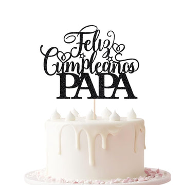 Keoysek Feliz Cumpleanos Papa Cake Topper for Father's Day Party Decor, black Glitter Happy Birthday Father Cake Topper, Spanish