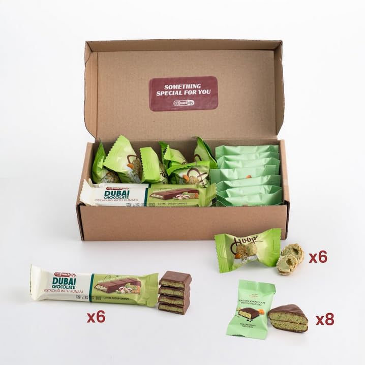 20 Count | Mini Dubai Chocolate & Candy - 6 Mini Dubai Bar 27 G And 8 Dubai Candy 13 G - 6 Dubai Pistachio Ball - Amazing Gift Box