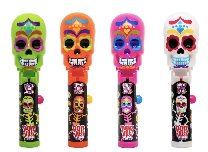 Pop Ups! Day Of The Dead Lollipop Holder - 12 Lollipops With Cases - Individually Wrapped Candy Party Favors - Sugar Skull Candy