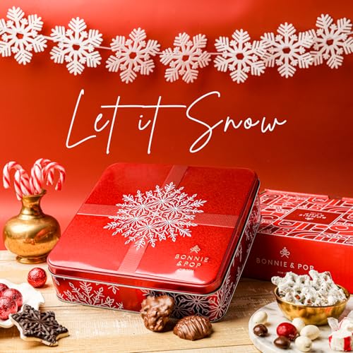 Bonnie and Pops Holiday Tin- with Assorted Christmas Chocolate  Nuts  Bark  Truffles - Festive  Corporate  Family  Gift Basket Idea for Men and Women