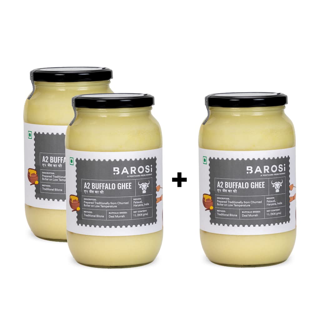 Barosi Enhanced Buffalo Ghee 3 Litre | Value Saver Family Pack | Vedic Bilona Method | Churned From Curd | Pure & Natural | Farm Made In Small Batches | Glass Jar Packing