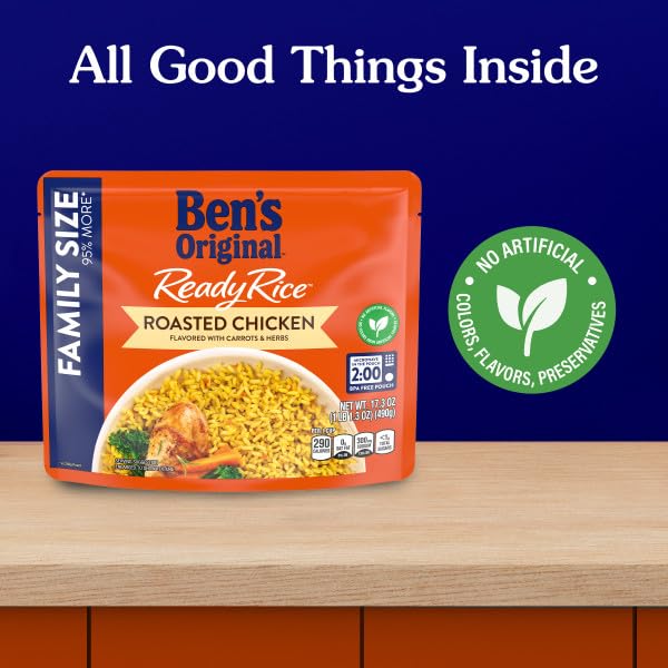Ben'S Original Ready Rice Roasted Chicken Flavored Family Size Rice, Easy Dinner Side, 17.3 Oz Pouch (Pack Of 6)