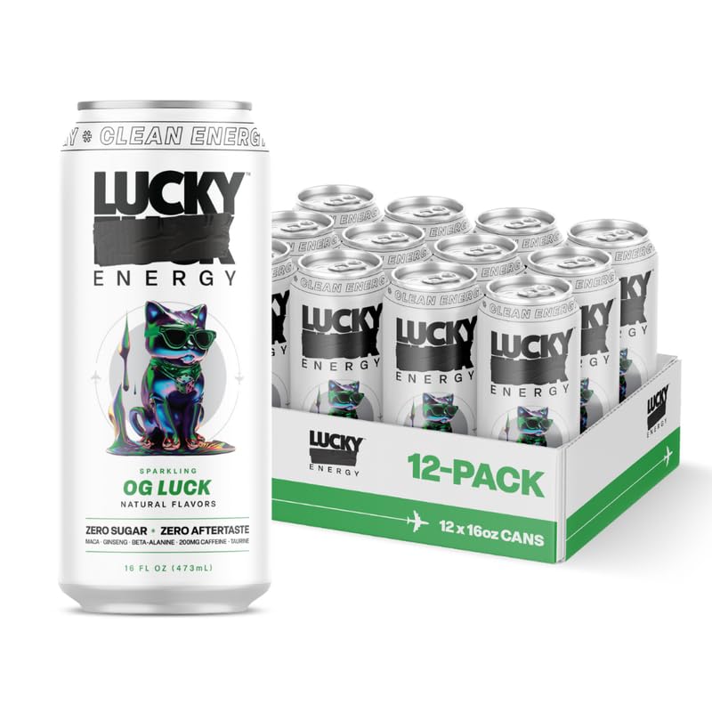 Lucky Energy Sugar Free Energy Drink, 16oz Cans, 12-Pack, Zero Sugar, with Maca, Ginseng, Beta-Alanine, 200mg Caffeine