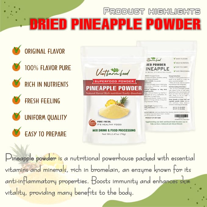 Pineapple Powder 2.47 Oz (70G) Vietfarmfood: Freeze-Dried Extracted From 100% Pure, Sugar-Free. Used To Mix Mixed Drinks Fresh F