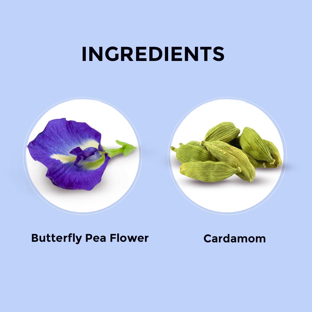 BLUE TEA Butterfly Pea Flower Cardamom Herbal Tea - Caffeine Free, 10 Tea Bags, Non-GMO, Blue Color
