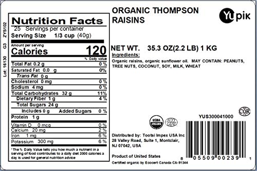 Yupik Organic Thompson Raisins, 2.2 lb, Non-GMO, Vegan, Gluten-Free (Pack of 2)