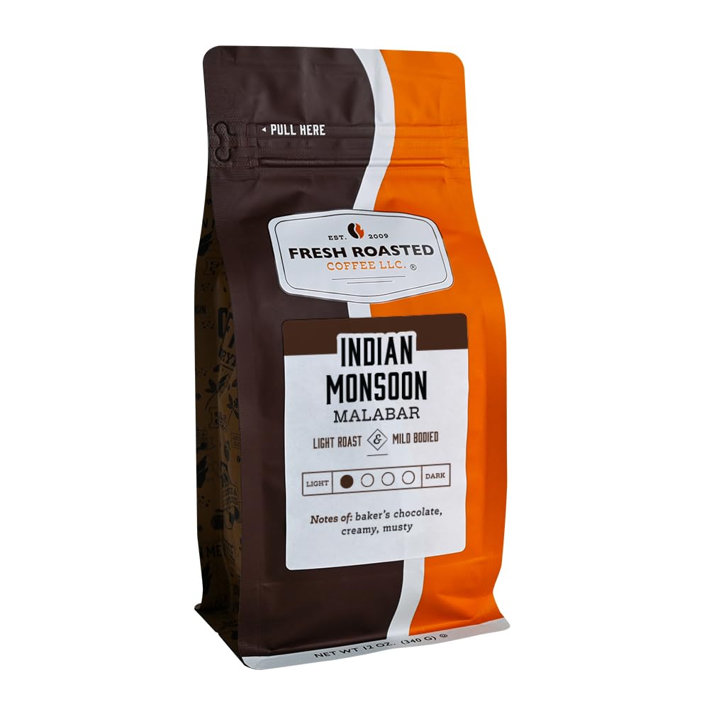 Fresh Roasted Coffee, Indian Monsoon Malabar, 12 Oz, Light Roast, Kosher, Ground