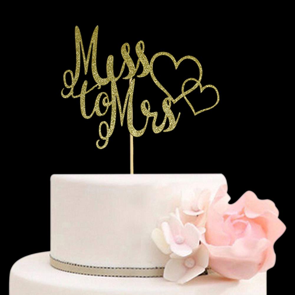 Miss To Mrs Cake Topper For Bridal Shower, Engagement, Wedding Party Decorations, Gold Glitter