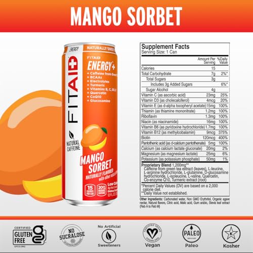 LIFEAID FITAID ENERGY Drink, 200mg Caffeine, Mango Sorbet, 12 Fl Oz (Pack of 12)