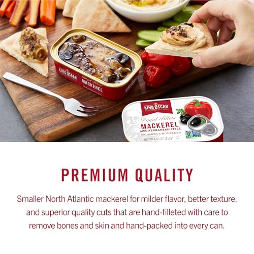 King Oscar Skinless & Boneless Mackerel Variety Pack Olive Oil  Med. Style  Lemon and Jalapeo  4.05-Ounce Cans (Pack of 6)