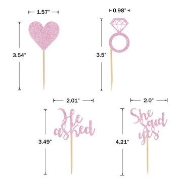 Donoter 24 Pieces Pink Glitter Engagement Cupcake Toppers He Asked She Said Yes Diamond Ring Heart Cupcake Picks For Wedding Bri