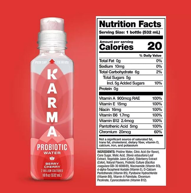 Karma-Probiotic Water Variety Pack, Berry Cherry, Watermelon Wild Berry, Strawberry Lemonade, 2-Billion Cultures, 18 Fl Oz (Pack