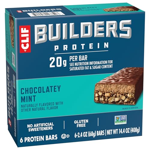 CLIF BUILDERS Protein Bars - Chocolate Mint Flavor - 20g Plant Based Protein - Gluten Free - Non-GMO - Low Glycemic - No Artificial Sweeteners - 2.4 oz. (6 Pack)