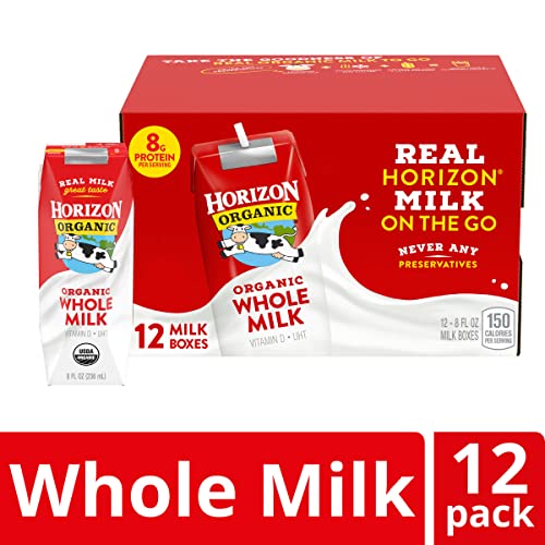 Horizon Organic Shelf Stable Whole Milk Boxes, 8 fl oz, 12 Count - 8g Protein per Serving, USDA Organic UHT from Pasture-Raised