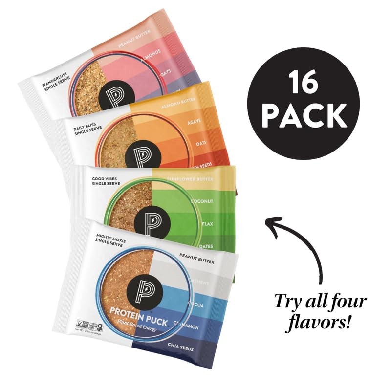 Protein Puck Plant Based Bars, Vegan Protein Snacks, Gluten Free, 16 Count, 2.25 oz, Variety Pack