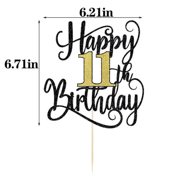 Happy 11Th Birthday Cake Topper, 11 Birthday Party Cake Decorations (Black And Gold Flashes, 11Th)