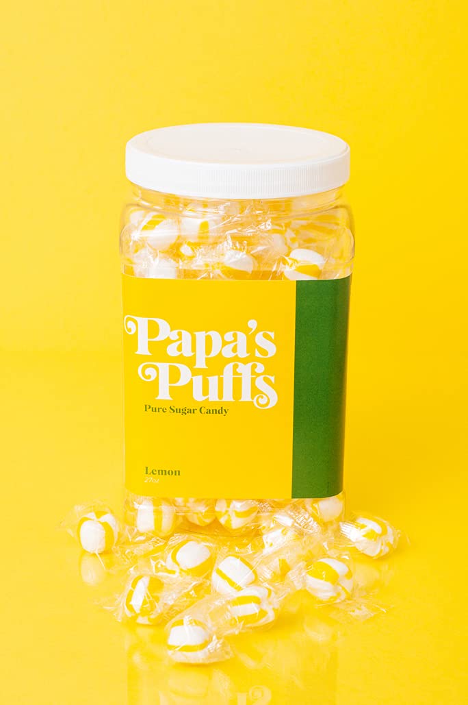 Papa'S Puffs Lemon Flavored Pure Sugar Candy - Individually Wrapped In Resealable Tub - Fat-Free, Gluten-Free, Cholesterol-Free
