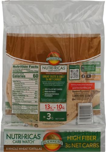Guerrero Nutri-Ricas Carb Watch With Flaxseed 8 Ct Whole Wheat Tortillas 4 Net Carb 2 Pack 265 Gr Each Kosher Certified