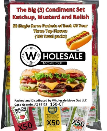 Wholesale Move Out Condiment Variety Pack, 150 Single Serve Packets, Ketchup Mustard Relish, 50 Each