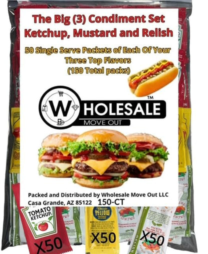 Wholesale Move Out Condiment Variety Pack, 150 Single Serve Packets, Ketchup Mustard Relish, 50 Each