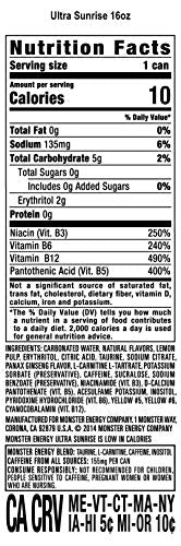 Monster Energy Ultra Sunrise, Sugar Free Energy Drink, 16 Fl Oz (Pack Of 15)