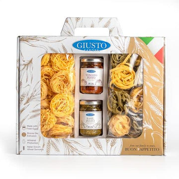 Giusto Sapore Pasta Gift Set - Imported From Italy - Perfect For The Foodie In Your Life - Italian Feast Tagliolino  Paglia E Fieno Tagliatelle  Red Pesto & Basil Pesto