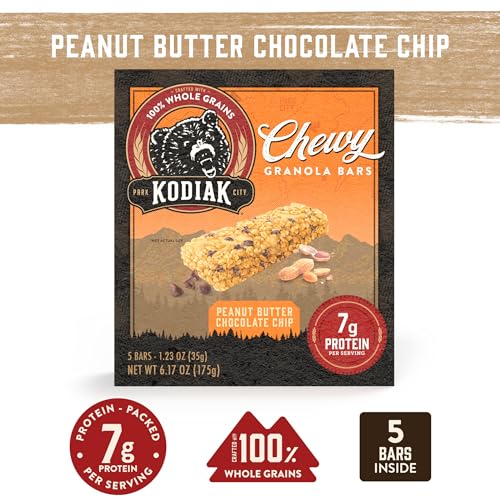 Kodiak Cakes Chewy Granola Snack Bars, Peanut Butter Chocolate Chip, High Protein, 100% Whole Grains, 12 Boxes With 5 Bars Each (60 Bars Total)