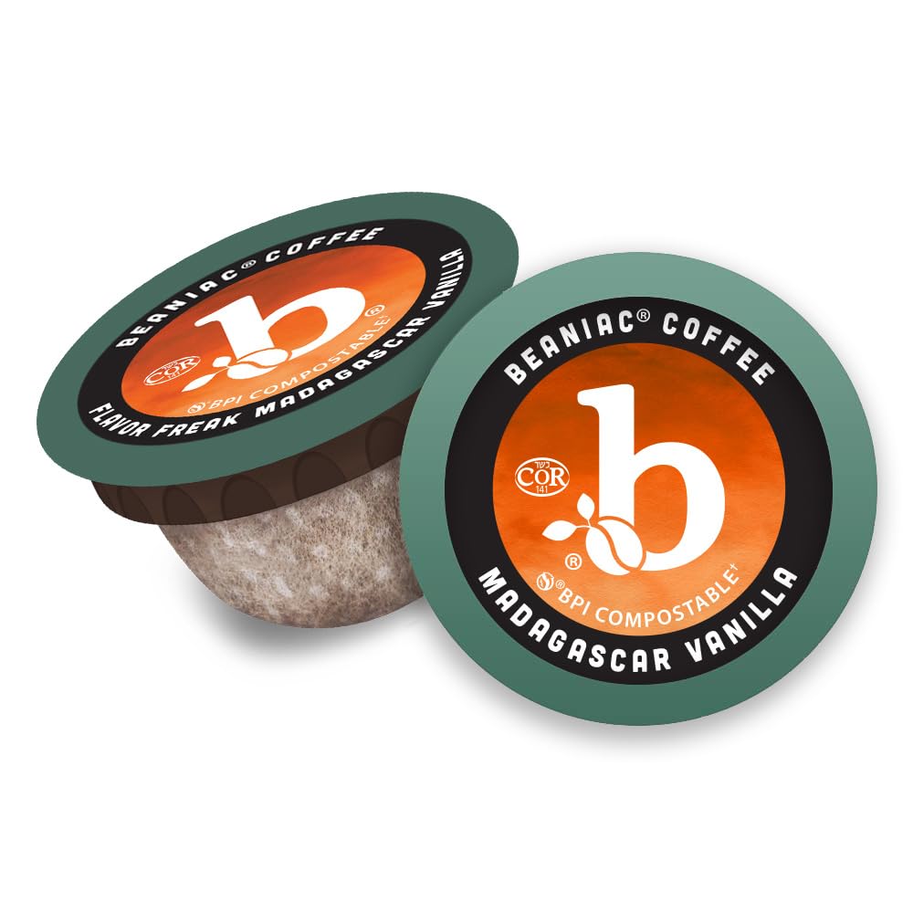 beaniac Flavor Freak Madagascar Vanilla  Flavored Light Roast  Single Serve Compostable K Cup Coffee Pods  Arabica Coffee with Natural Flavors  Keurig Brewer Compatible  30 Count
