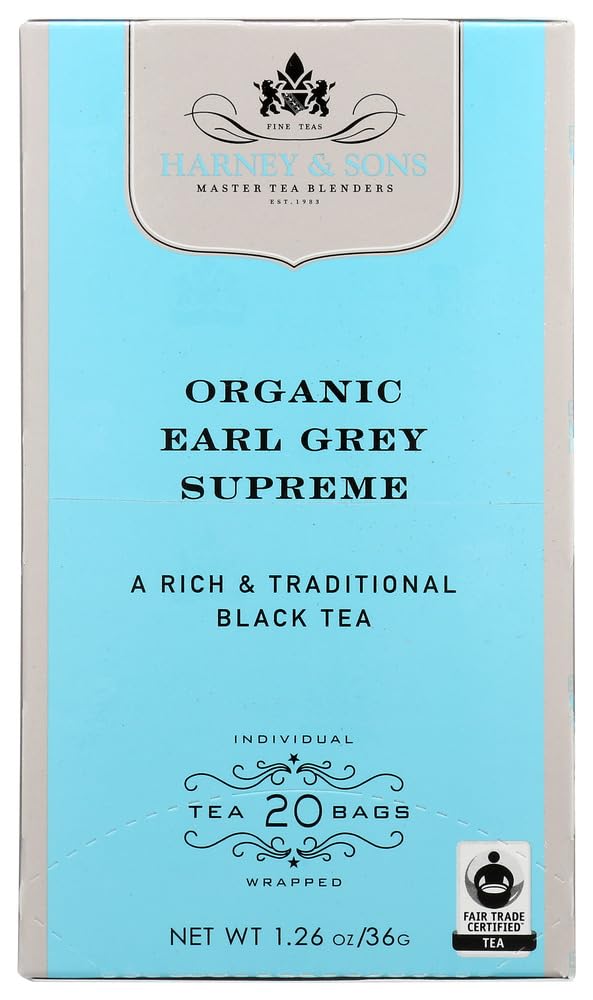 Harney & Sons enhanced Tea  Organic Earl Grey Supreme Black Tea  Individually Wrapped Tea Bags  20/box