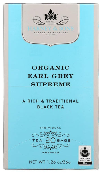 Harney & Sons enhanced Tea  Organic Earl Grey Supreme Black Tea  Individually Wrapped Tea Bags  20/box