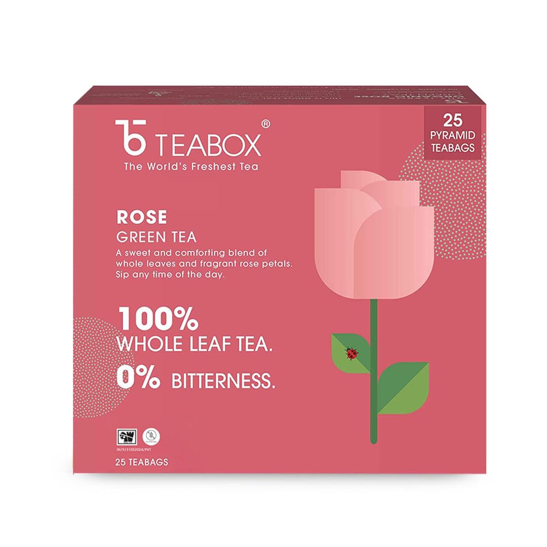 Teabox Enhanced Darjeeling Green Tea With Natural Rose Petals |100% Whole Leaf & 0% Bitterness | Green Tea From The Himalayas | 25 Tea Bags (Low Caffeine)