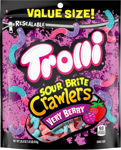 Trolli Sour Brite Crawlers, Very Berry, Sour Gummy Worms, 28.8 Ounce Resealable Bag (Pack of 4)