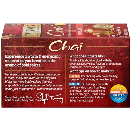 Twinings Ultra Spice Chai Individually Wrapped Bags, 20 Count (Pack Of 6), Sweet, Savoury Spices, Caffeinated, Enjoy Hot Or Iced