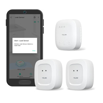 Yolink Water Leak Detection Starter Kit, W/Speakerhub Audio/Talking Hub & Water Leak Sensors, Lora Up To 1/4 Mile Open-Air Range