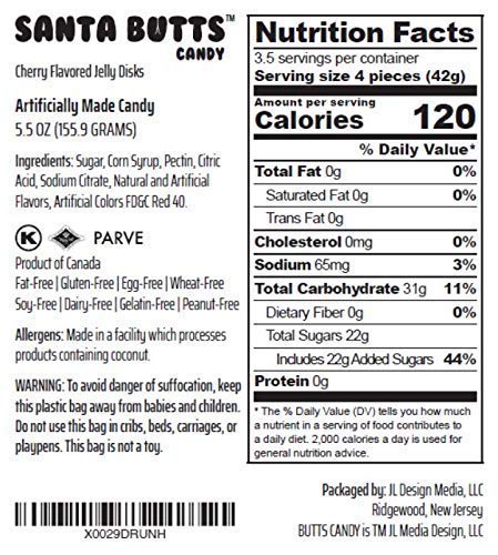 Santa Butts Gummy Cherry Fruit Jelly Disks Funny Unique Christmas Stocking Stuffer Candy Gag Gift For Teens, Girls, Boys And Kids (5.5 Ounce)