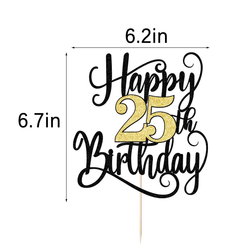 Ruscalin Happy 25Th Birthday Cake Topper,25 Birthday Party Cake Decorations (Black And Gold Flashes, 25Th)