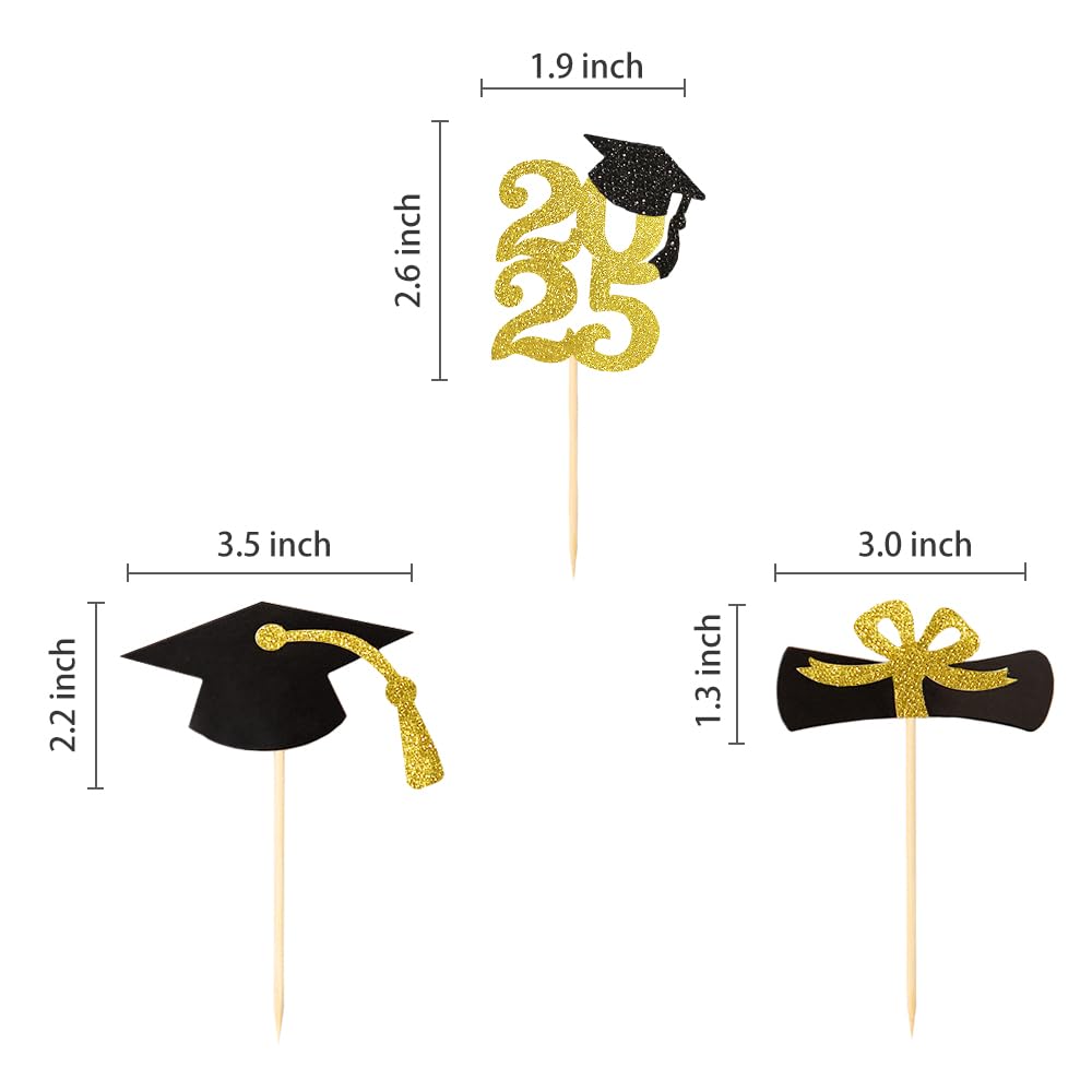 Partico Gold Glitter Graduation Cupcake Topper, 24pcs, Paper, Class of 2025, Food/Appetizer Picks