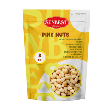 Sunbest Natural Pine Nuts Pignolia 8 Oz 1 Pack – Unsalted, Raw, Crunchy, Fresh & Delicious, Kosher Certified - Ideal For Snacking, Topping & Baking - Non-Gmo, Gluten Free