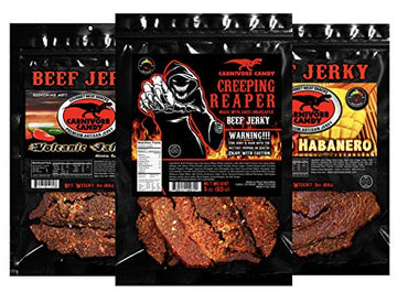 HEAT Variety 3 pk Creeping Ghost    Carolina Reaper - Volcanic Jalapeo & Mango Habanero Beef Jerky Three -3oz Bags
