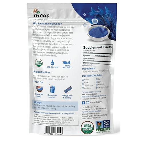 USDA Organic Blue Spirulina Powder (Phycocyanin Extract), No Fishy Smell, 100% Vegan Protein from Blue-Green Algae, 28 Servings,