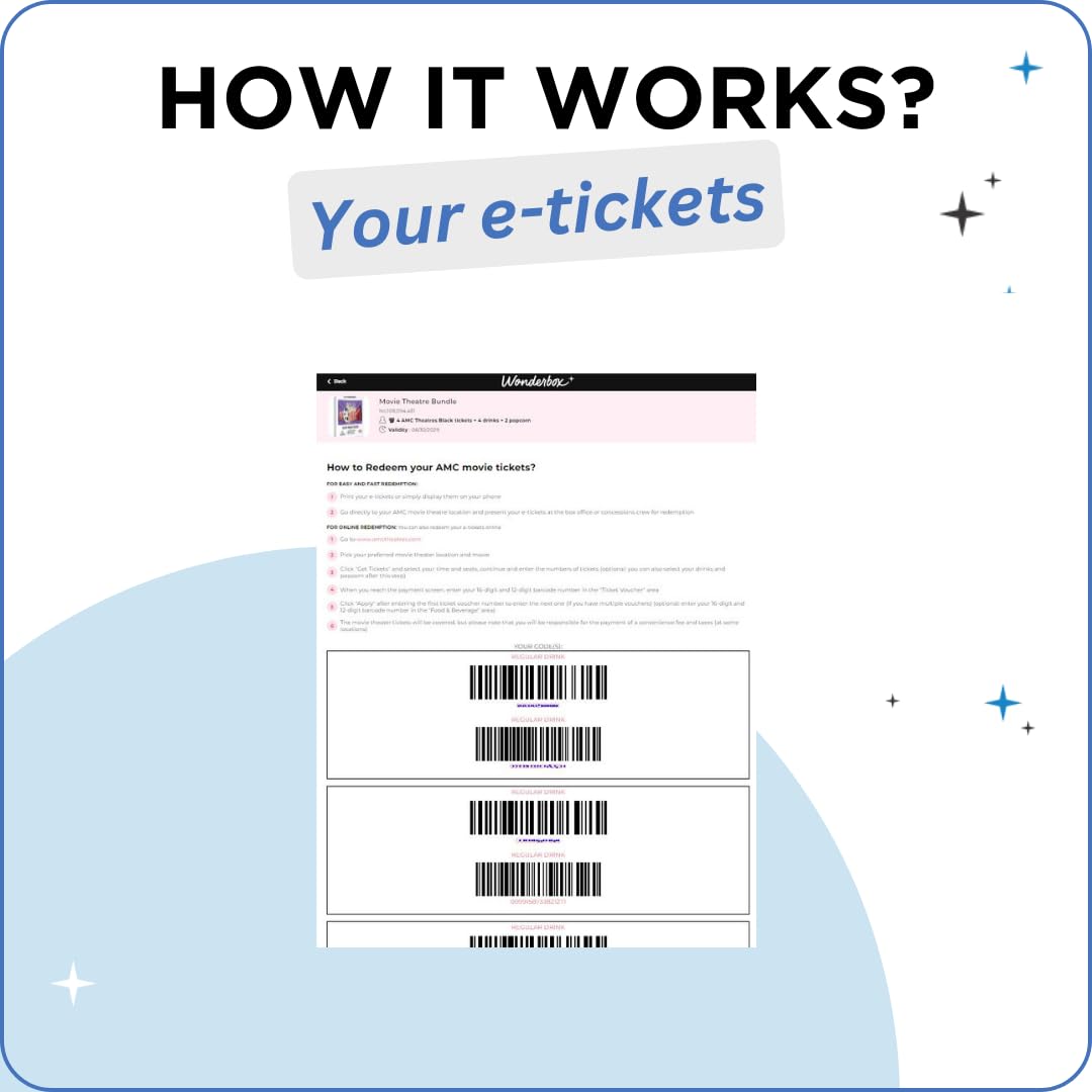Wonderbox - Amc Movie Theatres Bundle - 4 Black Tickets + 4 Drinks + 2 Popcorn - Original Gift Idea - Experience Gift - 550 Loca