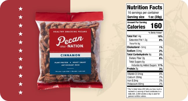 Pecan Nation Cinnamon Flavored Roasted Pecan Halves, 16 oz, Non-GMO, Natural, 2 Pack, Brown