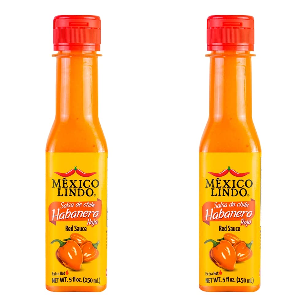 Mexico Lindo Red Habanero Hot Sauce, Real Red Habanero Chili Pepper, 78,200 Scoville Level, Enjoy With Mexican Food, Seafood & Pasta, 5 Fl Oz Bottles (Pack Of 2)