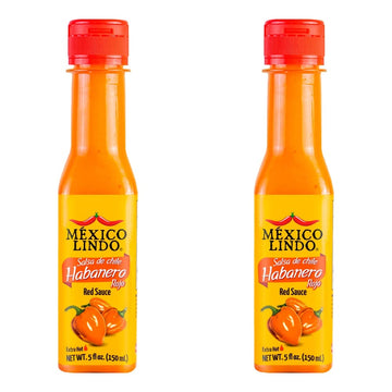 Mexico Lindo Red Habanero Hot Sauce, Real Red Habanero Chili Pepper, 78,200 Scoville Level, Enjoy With Mexican Food, Seafood & Pasta, 5 Fl Oz Bottles (Pack Of 2)
