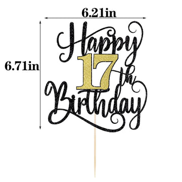 Happy 17Th Birthday Cake Topper, 17 Birthday Party Cake Decorations (Black And Gold Flashes, 17Th)