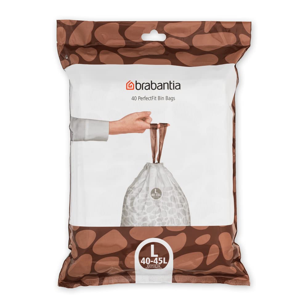 Brabantia Perfectfit Trash Bags (Size L/10.6-12 Gal) Thick Plastic Trash Can Liners With Drawstring Handles (40 Bags)