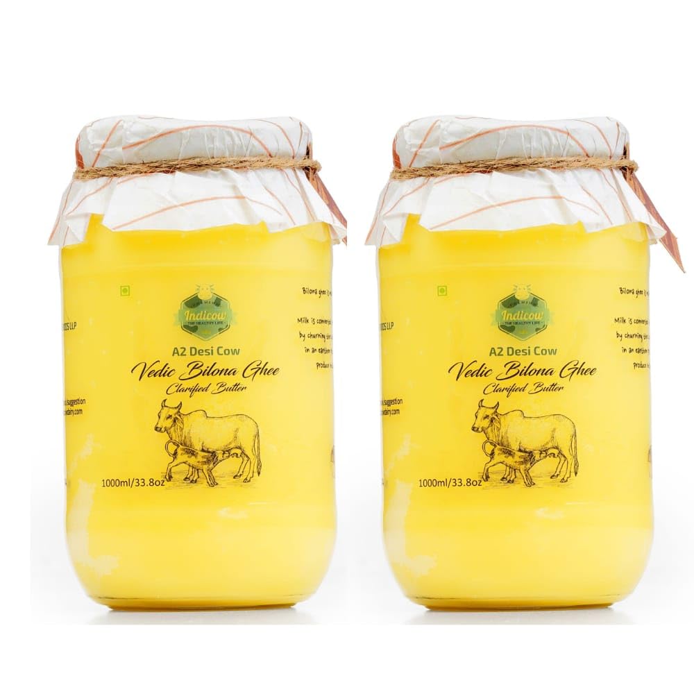 Indicow A2 Desi Cow Ghee, Clarified Butter| Combo Pack| | 2 pcs of 1 ltr| Grass Fed Cows | (2000ML(67.6oz), A2 Cow Ghee (Sahiwal