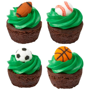 Mini Sports Balls - Football, Soccer, Baseball And Basketball Edible Sugar Cake Toppers, 24 Count